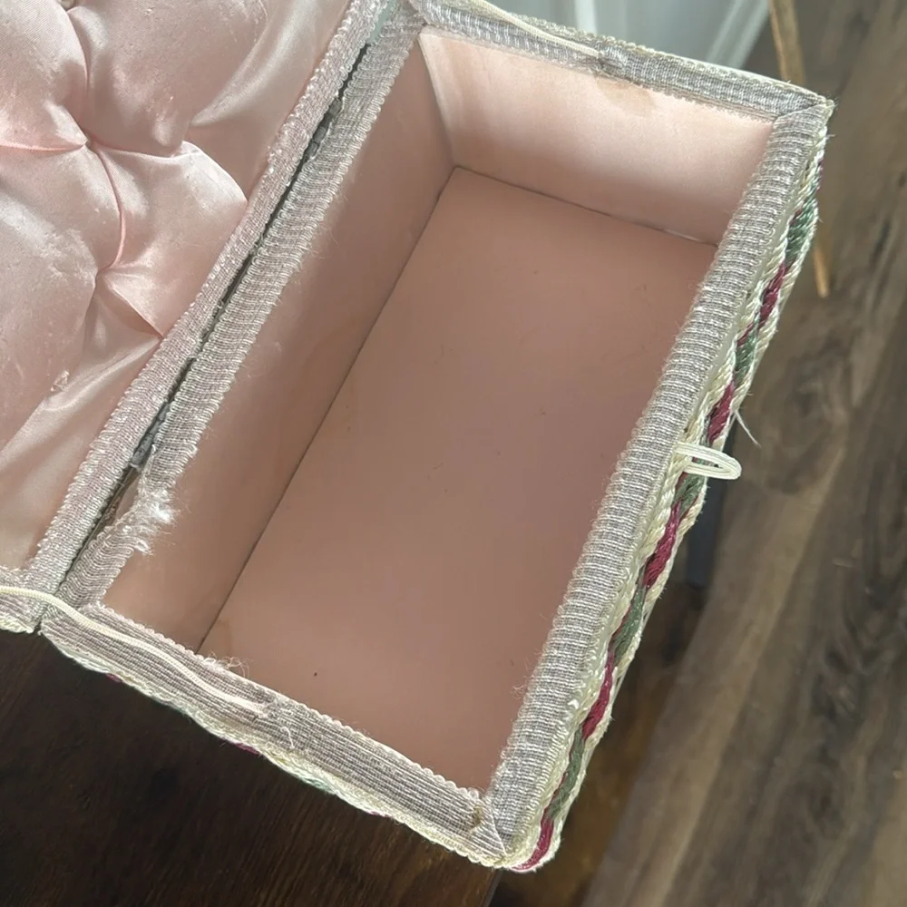 Vintage Wicker Sewing Box pink floral embroidered Lid with Built-in Pin Cushion